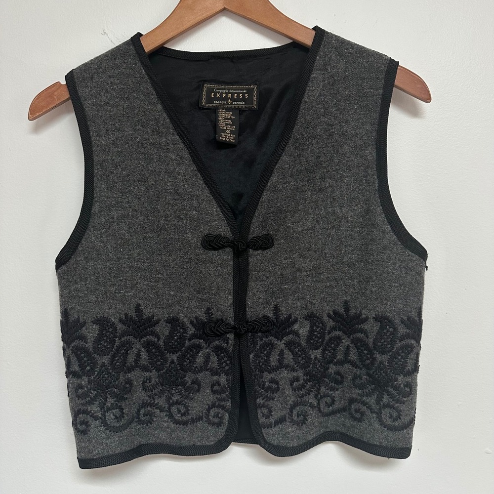 Vintage Express Wool‎ Vest Embroidered Folk Boho Frog Closure 90s Alpine
